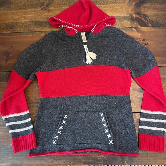 Vintage Obermeyer Wool Red Grey Striped 1/4 Zip Sweater Hoodie Apres Ski W Small - Picture 3 of 13